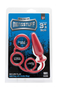 Красное эрекционное кольцо с подхватом и анальным стимулятором Menzstuff 3.5Inch Double Ring Anal Plug