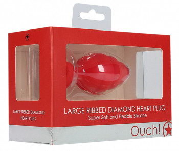 Красная анальная пробка Large Ribbed Diamond Heart Plug - 8 см.