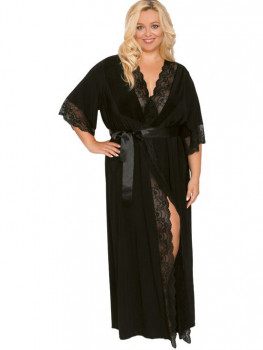 Длинный пеньюар plus size с изящным кружевом и атласным поясом, кремовый