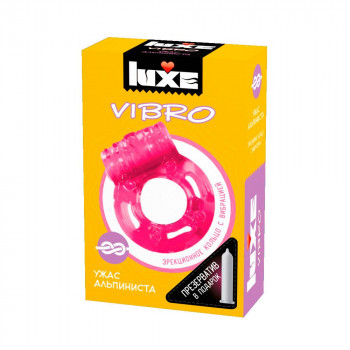 Розовое эрекционное виброкольцо Luxe Vibro «Ужас альпиниста» + презерватив