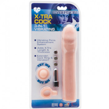 Набор для плотских утех CyberSkin- 3-in-1 Vibrating X-tra Cock: насадка-удлинитель, вибропуля и эрекционное кольцо